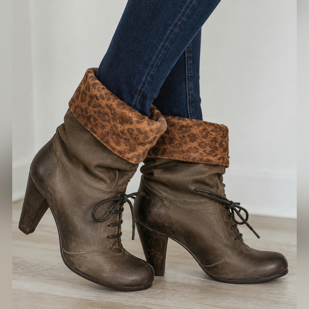 Sixty Seven Leather Booties Size36 Brown Lace Up Heeled Ankle Boots Leopard Trim